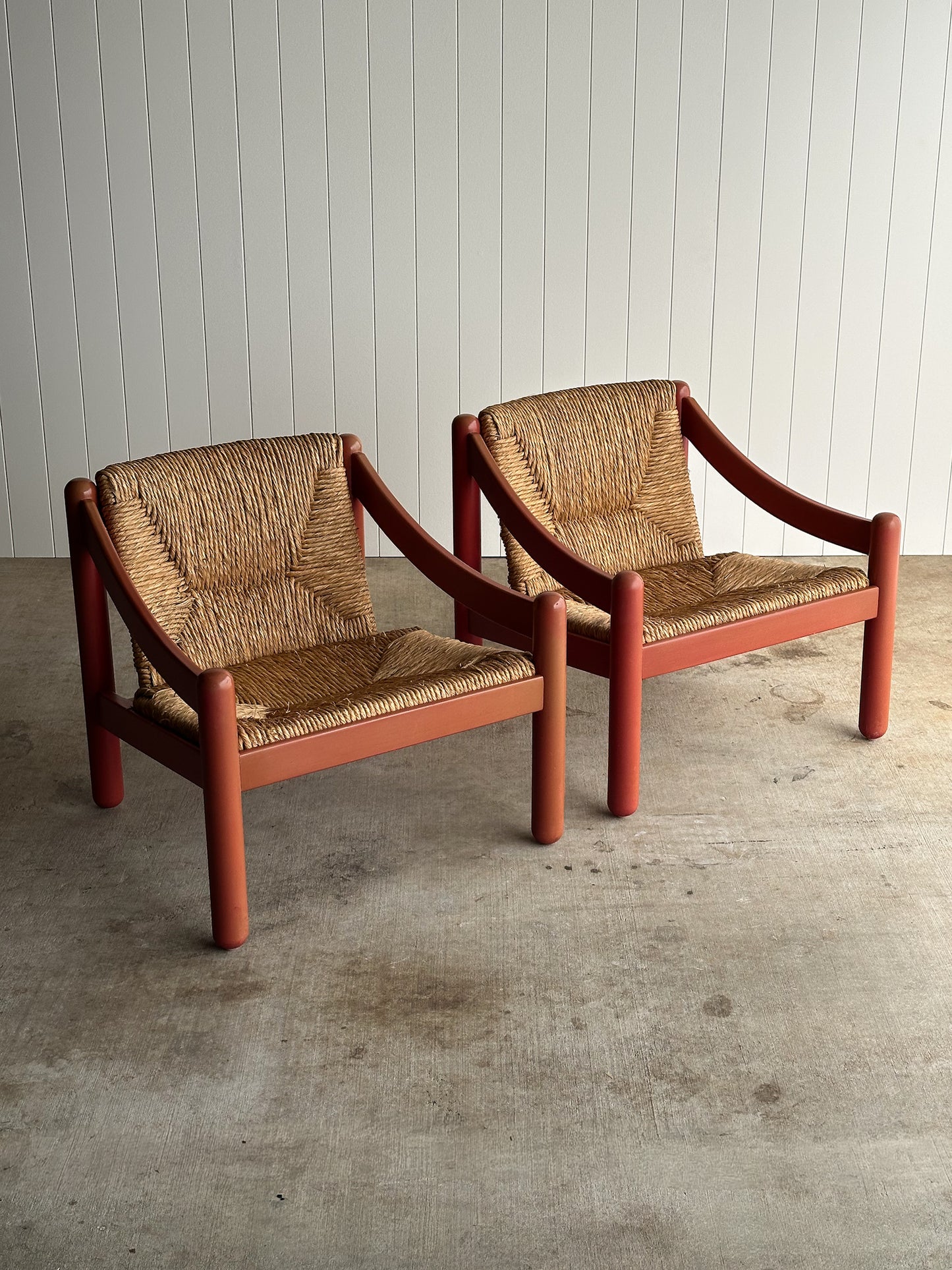 Pair of Vintage Red Lacquered Rush Lounge Chairs, Attributed to Vico Magistretti