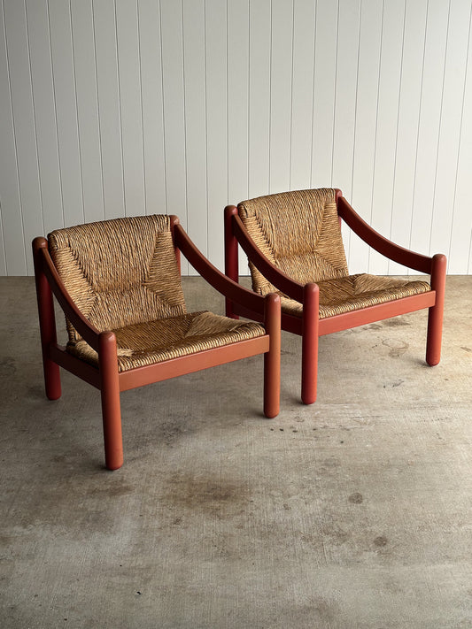 Pair of Vintage Red Lacquered Rush Lounge Chairs, Attributed to Vico Magistretti