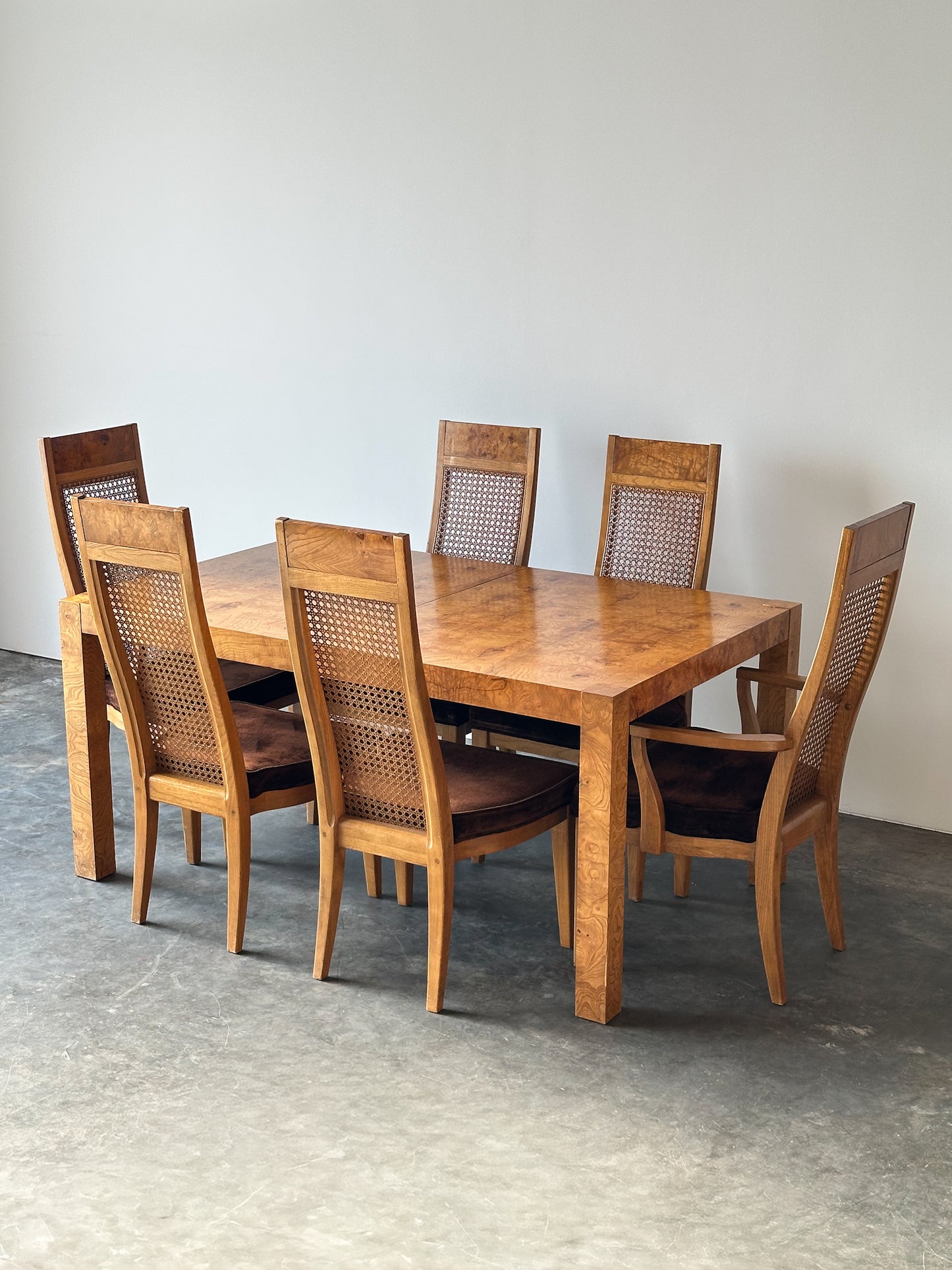 Lane Burl Wood Extendable Parsons Dining Table in the Style of Milo Baughman, 1970s