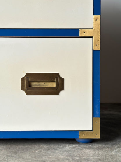 Blue & White Lacquered Campaign Chest of Drawers with Brass Hardware, 1970s