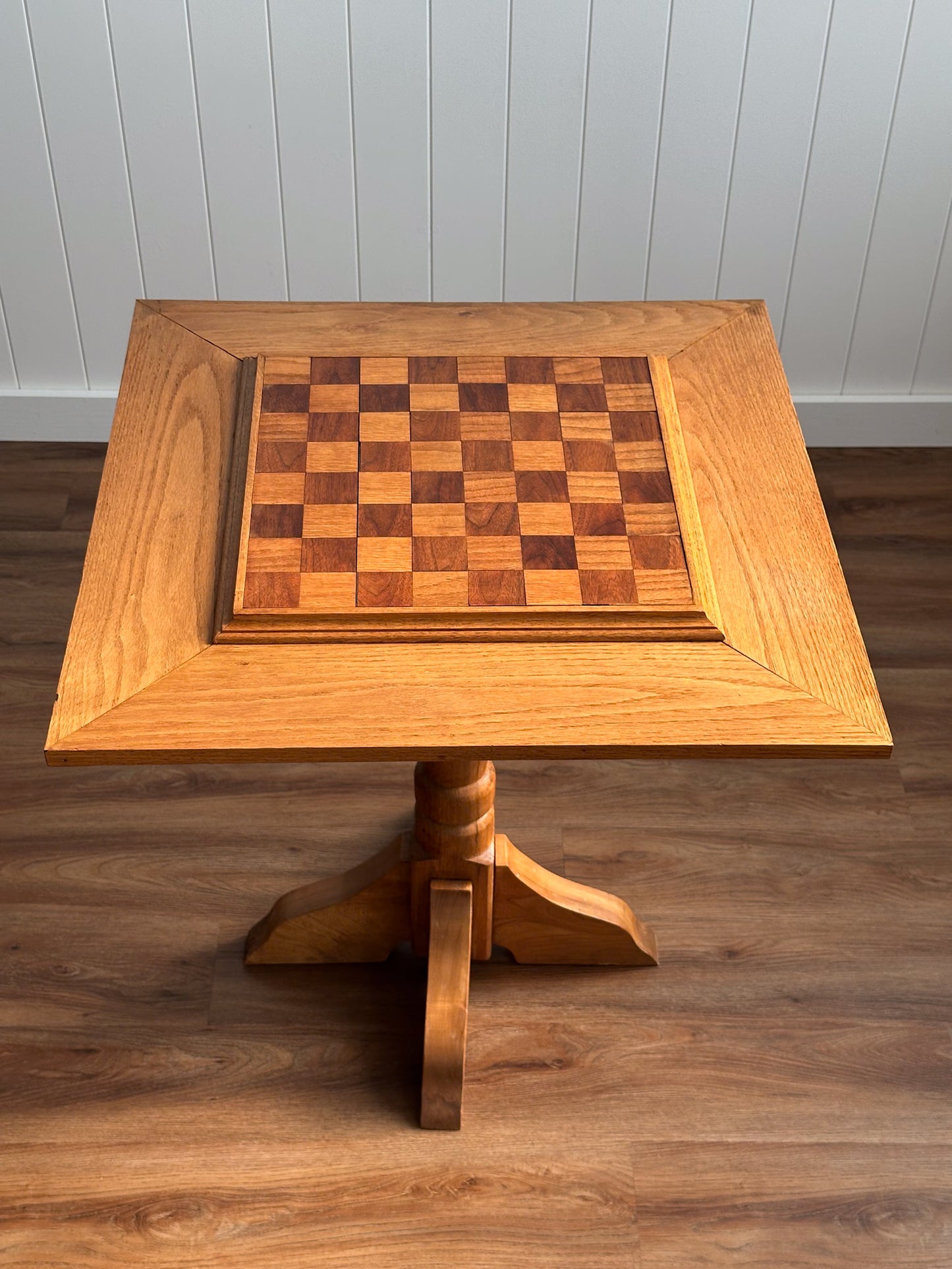Vintage Handcrafted Oak Pedestal Game Table with Inlaid Chessboard
