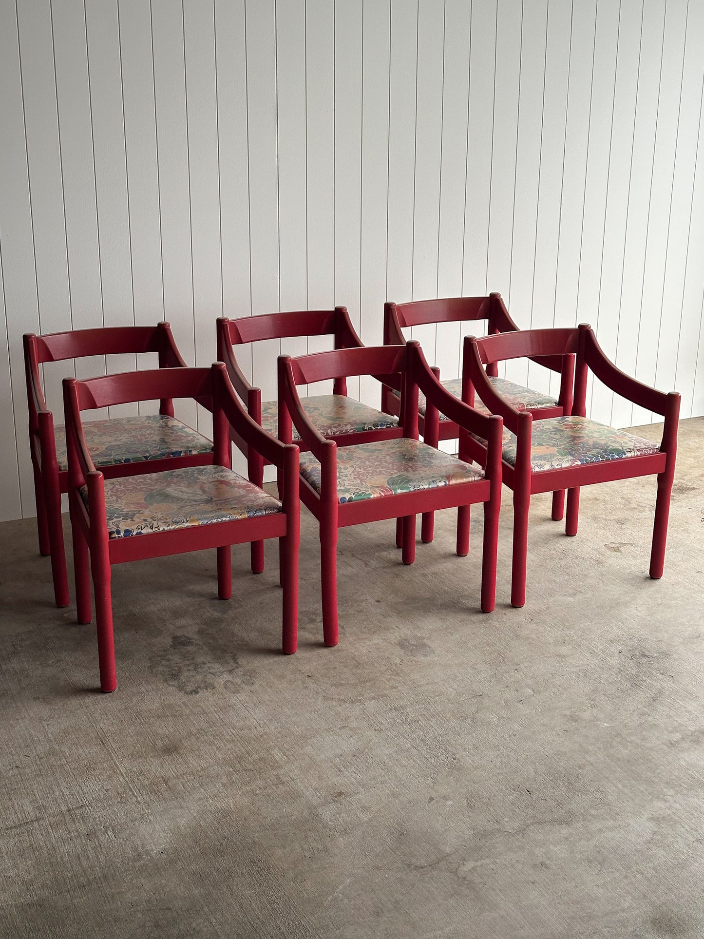 Set of Six Vintage Red Lacquered Dining Armchairs, Attributed to Vico Magistretti