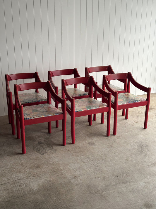 Set of Six Vintage Red Lacquered Dining Armchairs, Attributed to Vico Magistretti