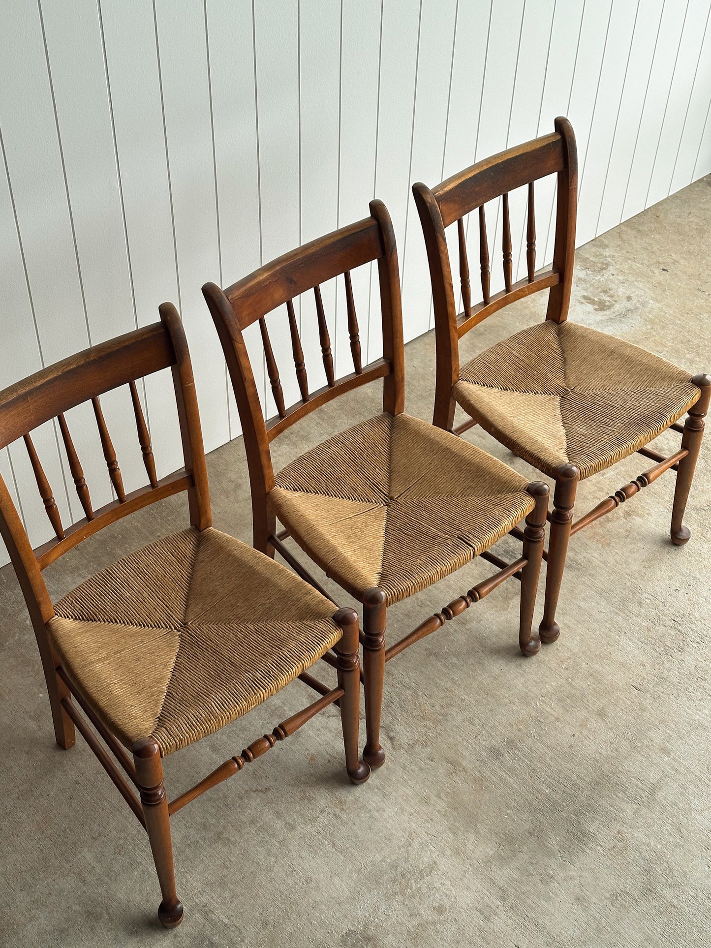 Vintage Maple Dining Chairs With Hand-Woven Rush Seats, Set of Six
