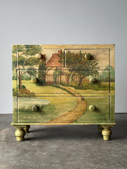Hand-Painted Cottage Landscape Chest of Drawers, 19th Century
