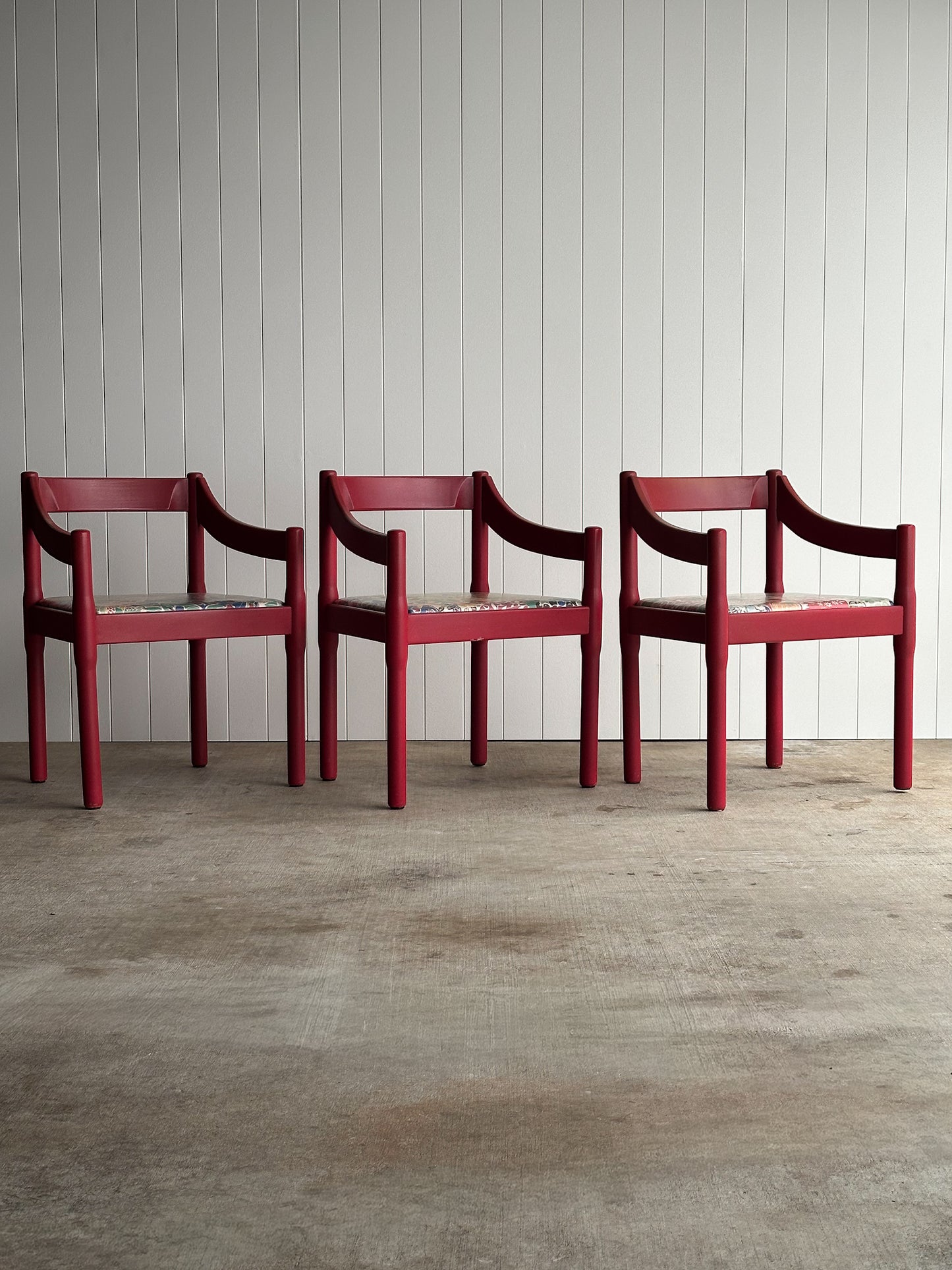 Set of Six Vintage Red Lacquered Dining Armchairs, Attributed to Vico Magistretti