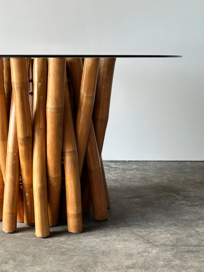 Bundled Bamboo Round Glass Dining Table, Budji Layug, 1970s
