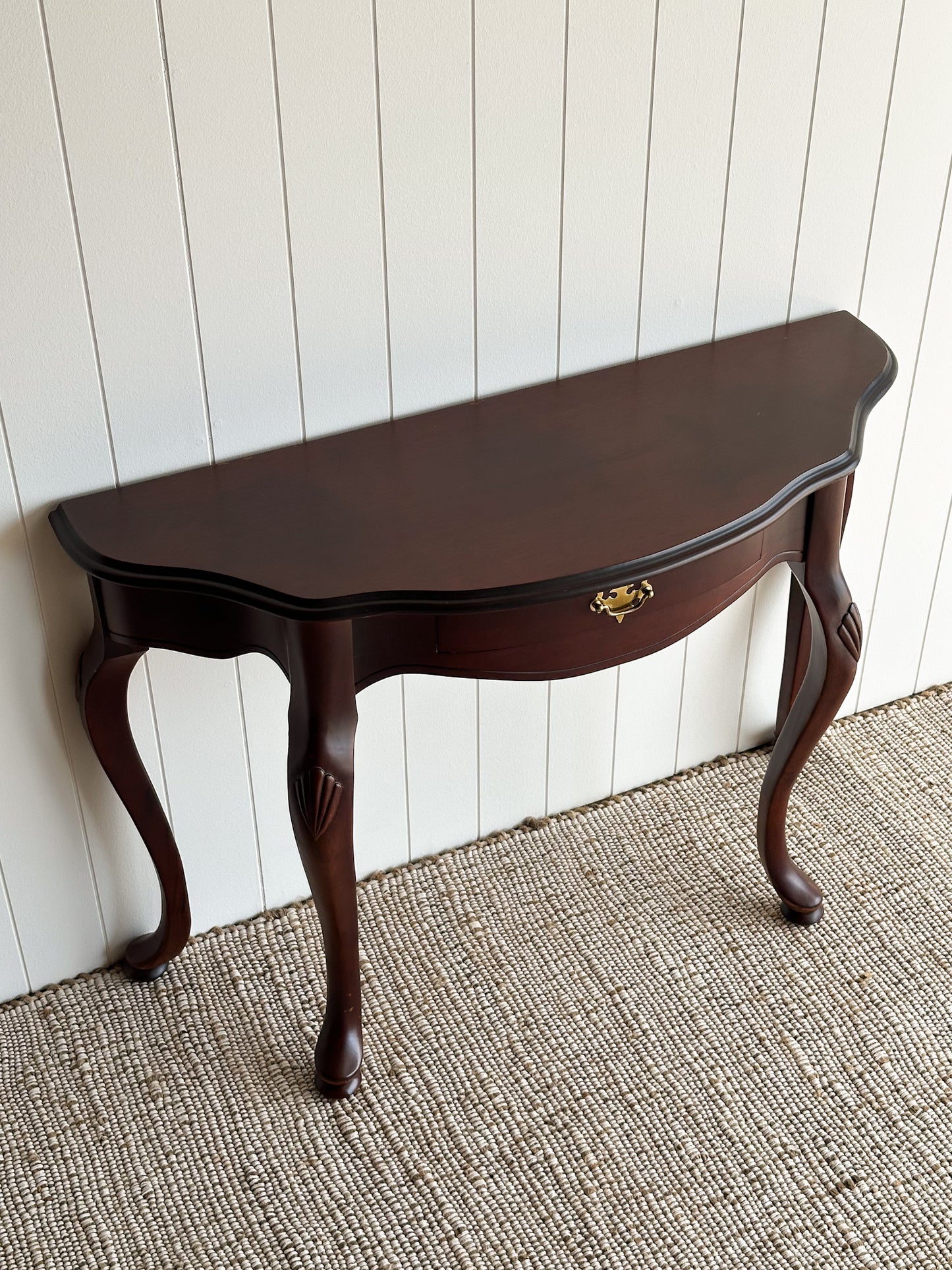 Vintage Mahogany Entry Console Table with Shaped Front and Brass Pull