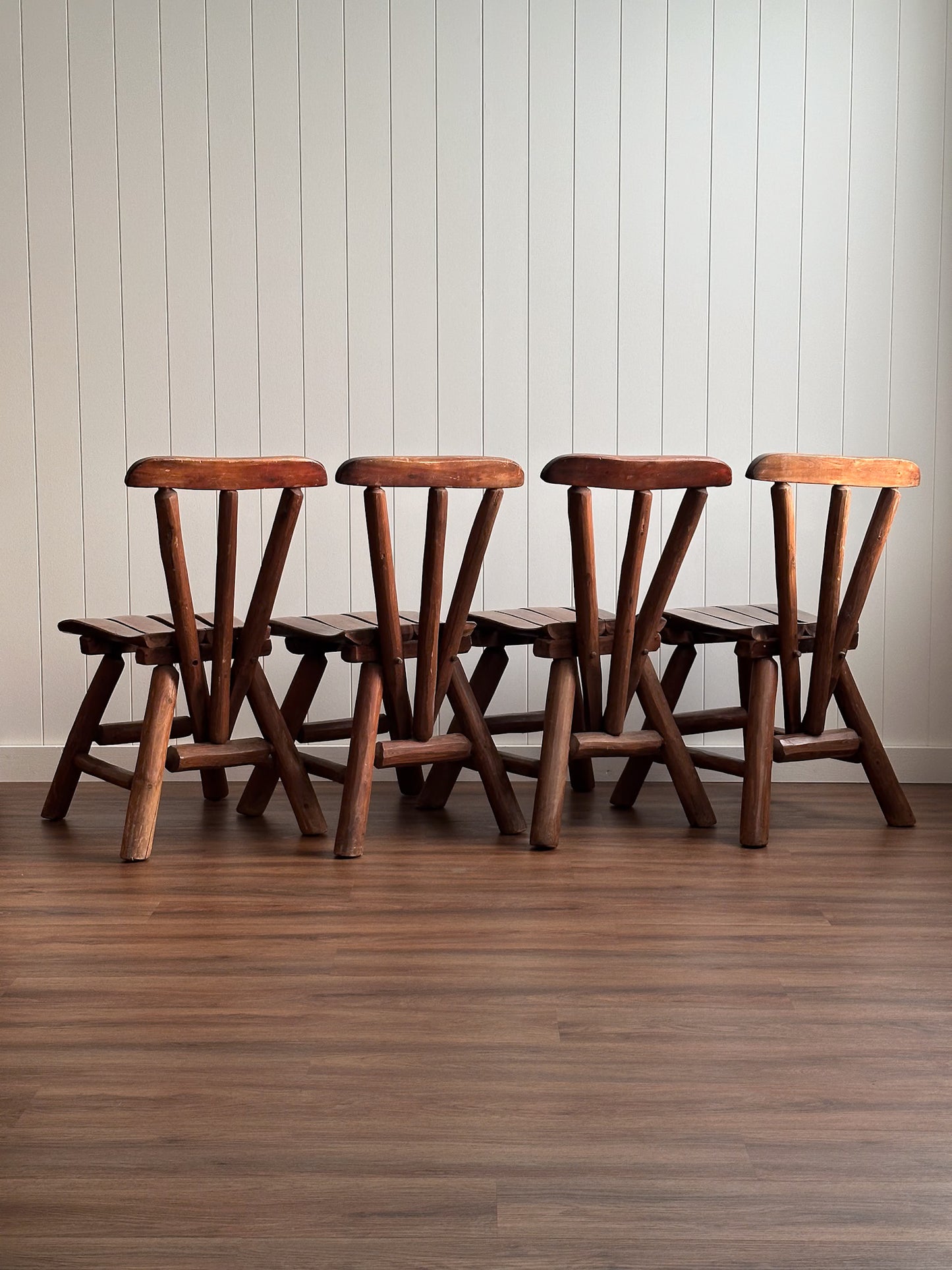1960s Vintage Brutalist Wabi-Sabi Wood Dining Chairs, Set of Four