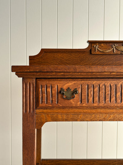 Antique Quarter Sawn Oak Console Table with Carved Gallery Back