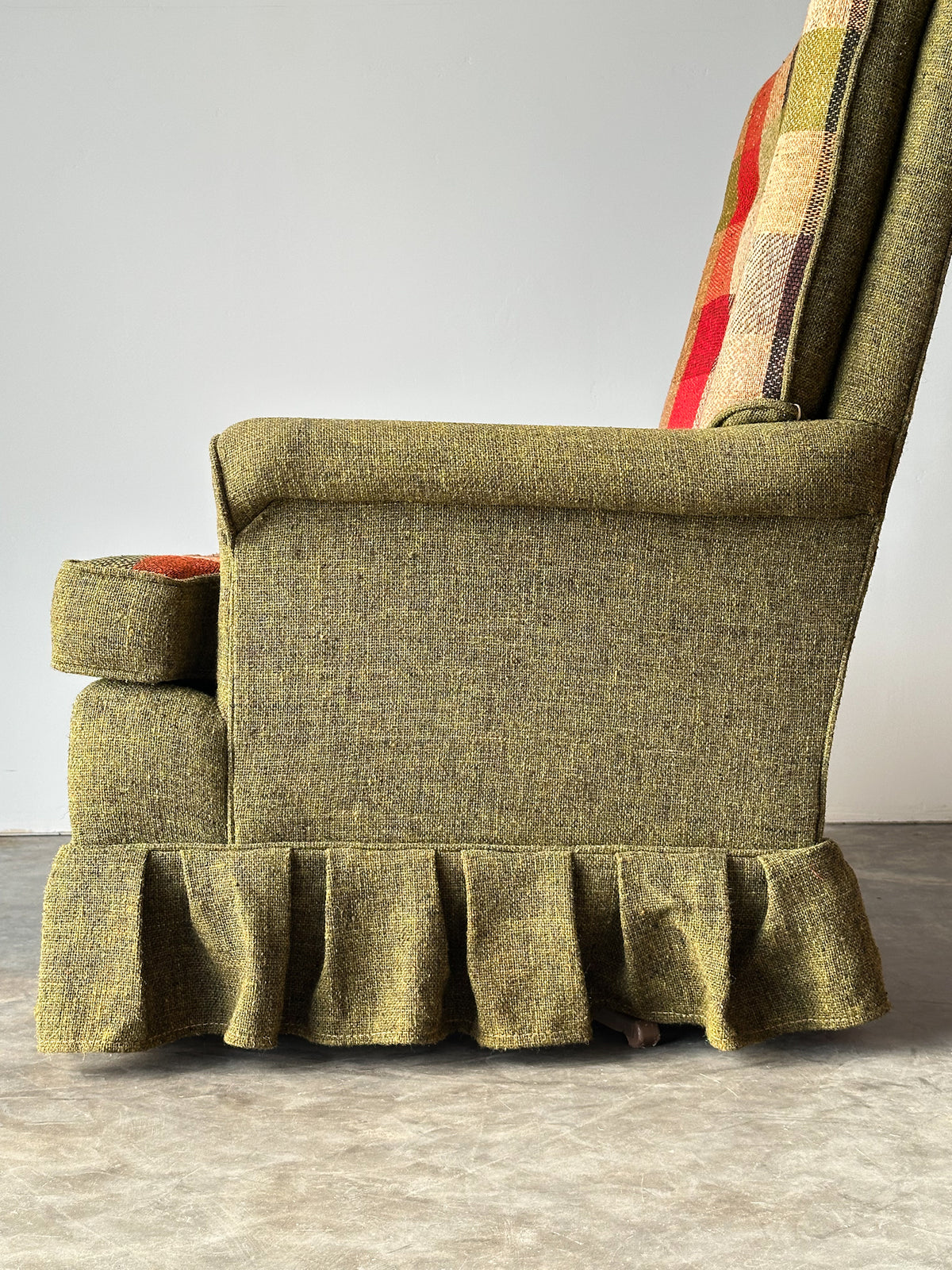 Olive Tweed Swivel Rocker with Patchwork Plaid Upholstery, 1970s