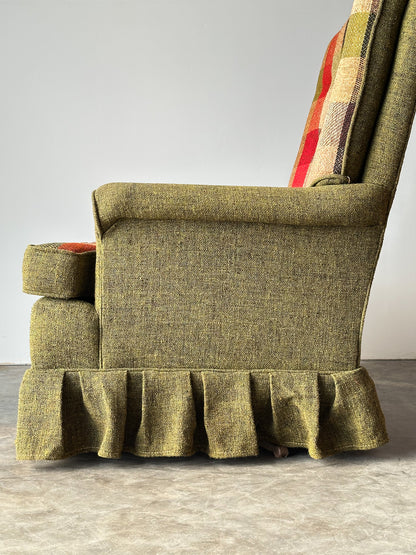 Olive Tweed Swivel Rocker with Patchwork Plaid Upholstery, 1970s