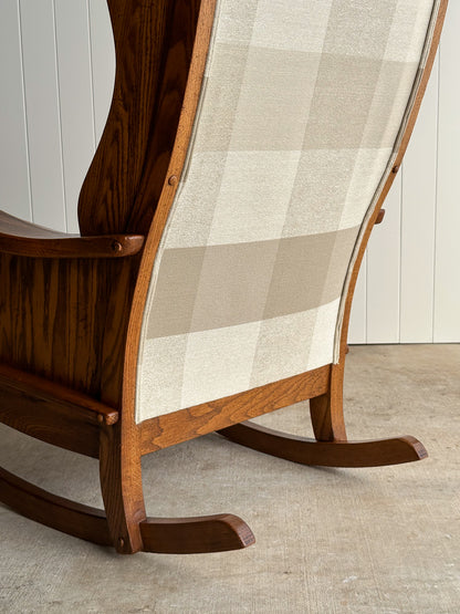 Studio Craft Oak Wingback Rocking Chair With Carved Rail, C. 1970s