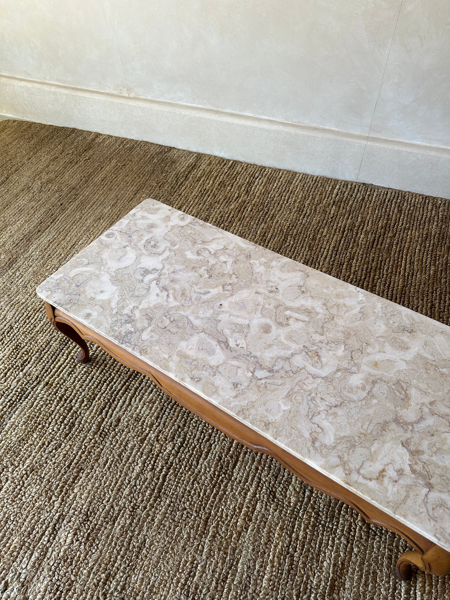 1950s French Provincial Marble and Carved Maple Coffee Table