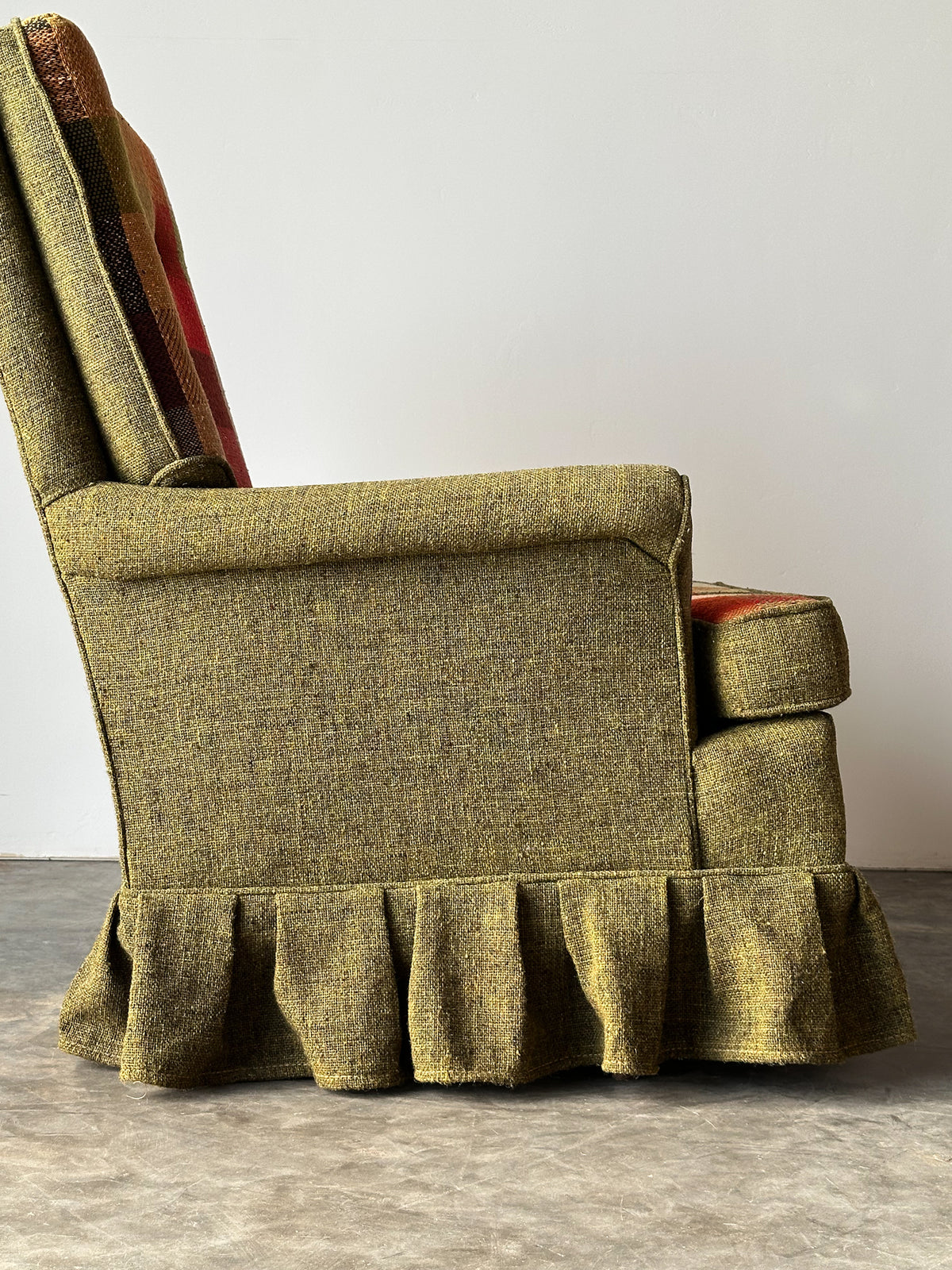 Olive Tweed Swivel Rocker with Patchwork Plaid Upholstery, 1970s