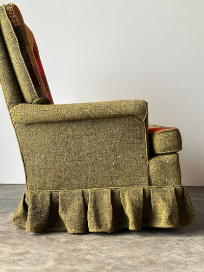 Olive Tweed Swivel Rocker with Patchwork Plaid Upholstery, 1970s