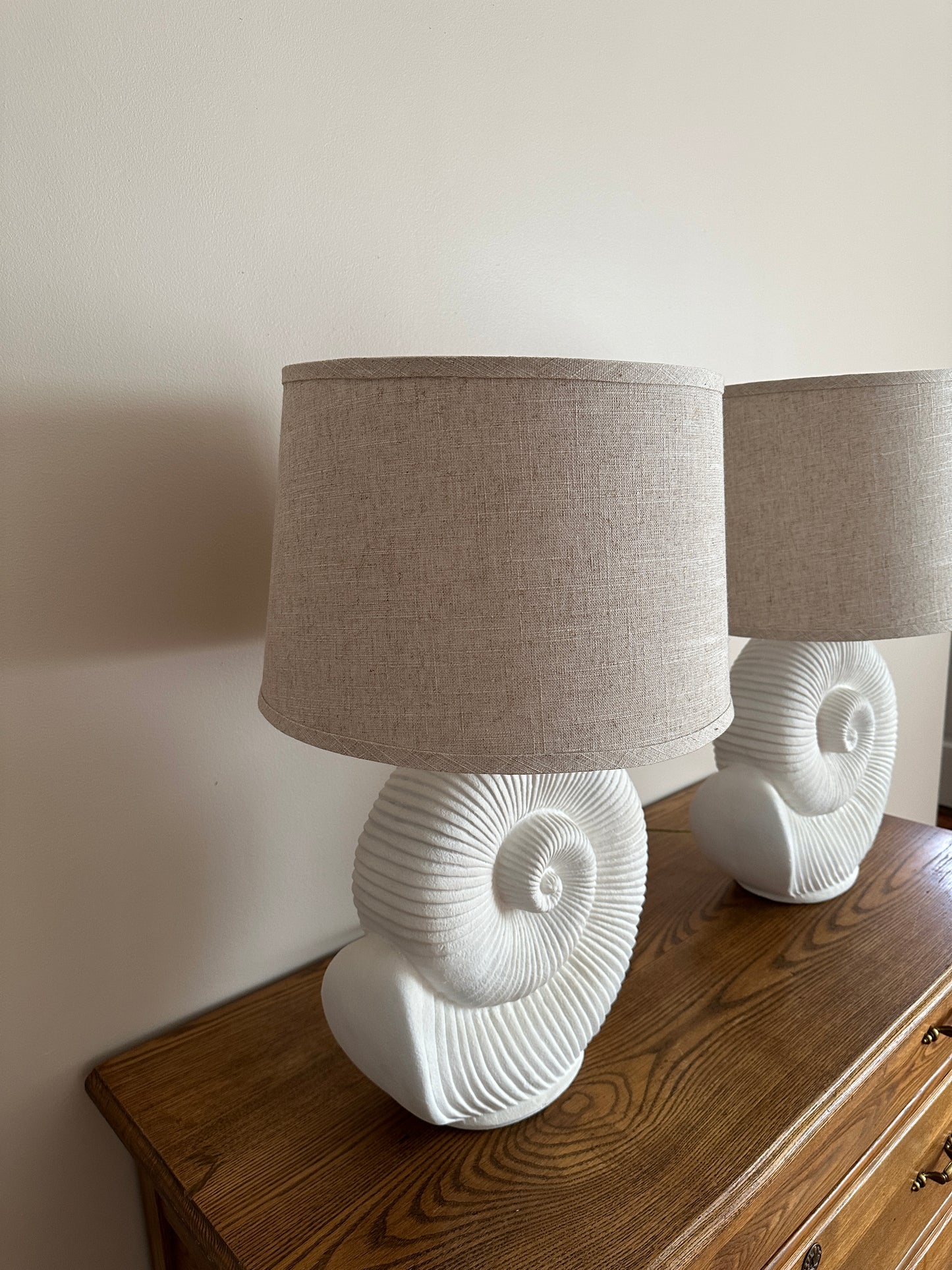 Vintage Spiral Shell Table Lamps With Linen Drum Shades - A Pair