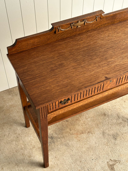Antique Quarter Sawn Oak Console Table with Carved Gallery Back