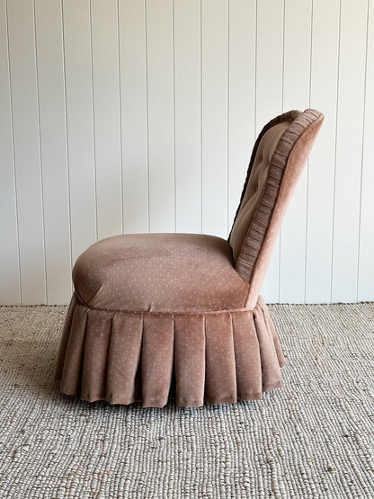 Vintage Blush Velvet Vanity Slipper Chair with Pleated Skirt