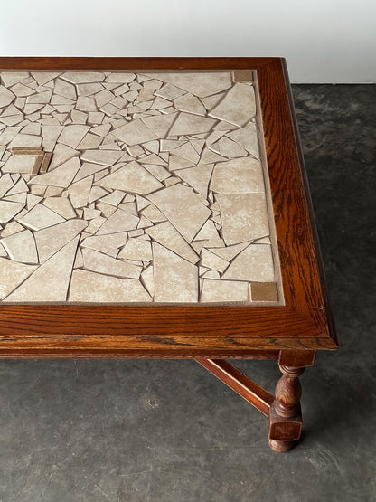 Hand-Laid Stone Mosaic Coffee Table on Vintage Oak Trestle Base