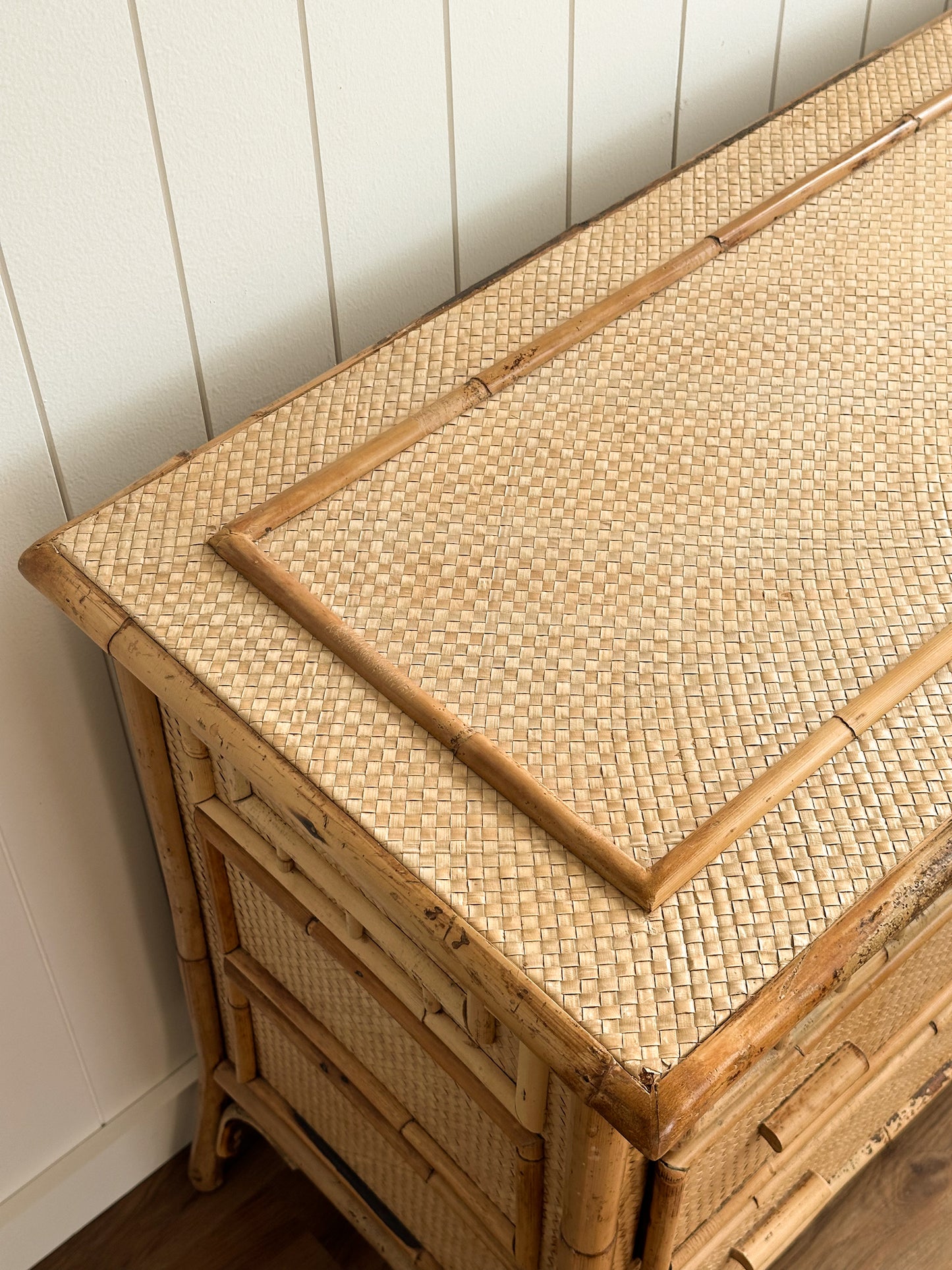 Vintage Coastal Woven Rattan Six-Drawer Dresser