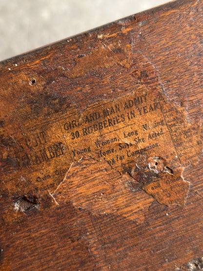 Antique Oak General Store Table With Interesting Newspaper Top, Late 19th Century