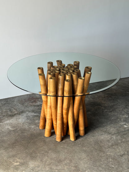 Bundled Bamboo Round Glass Dining Table, Budji Layug, 1970s