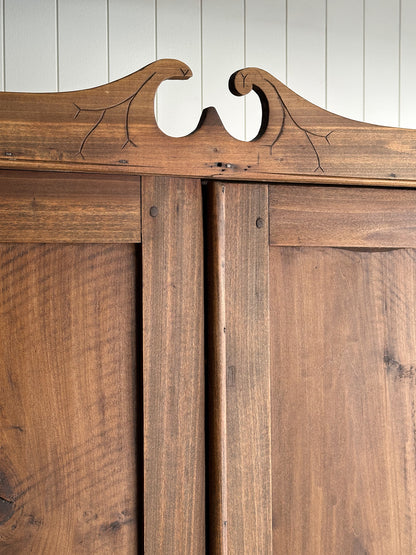 Antique Pine Cupboard Cabinet With Carved Crest