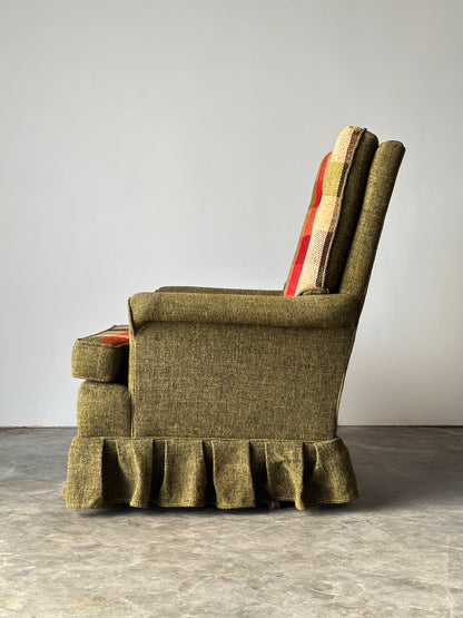 Olive Tweed Swivel Rocker with Patchwork Plaid Upholstery, 1970s