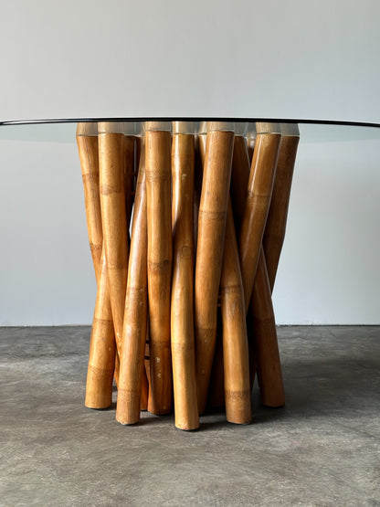 Bundled Bamboo Round Glass Dining Table, Budji Layug, 1970s