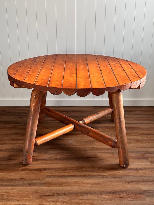 Vintage Scalloped Round Pine Log Dining Table