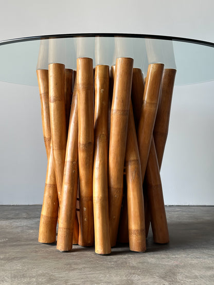 Bundled Bamboo Round Glass Dining Table, Budji Layug, 1970s
