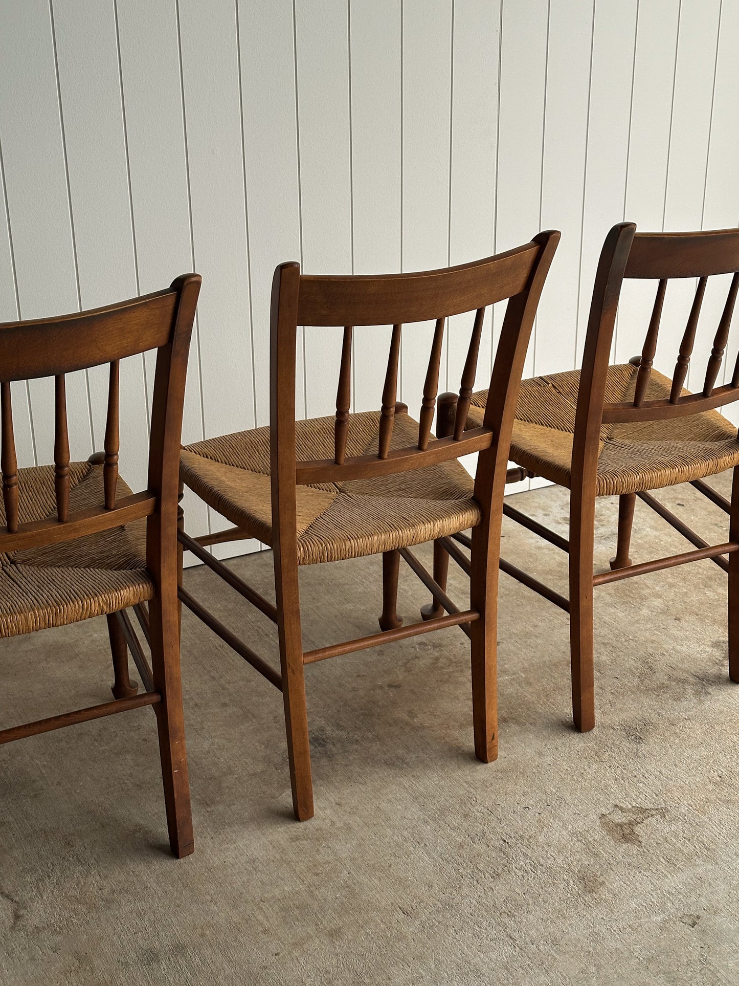 Vintage Maple Dining Chairs With Hand-Woven Rush Seats, Set of Six