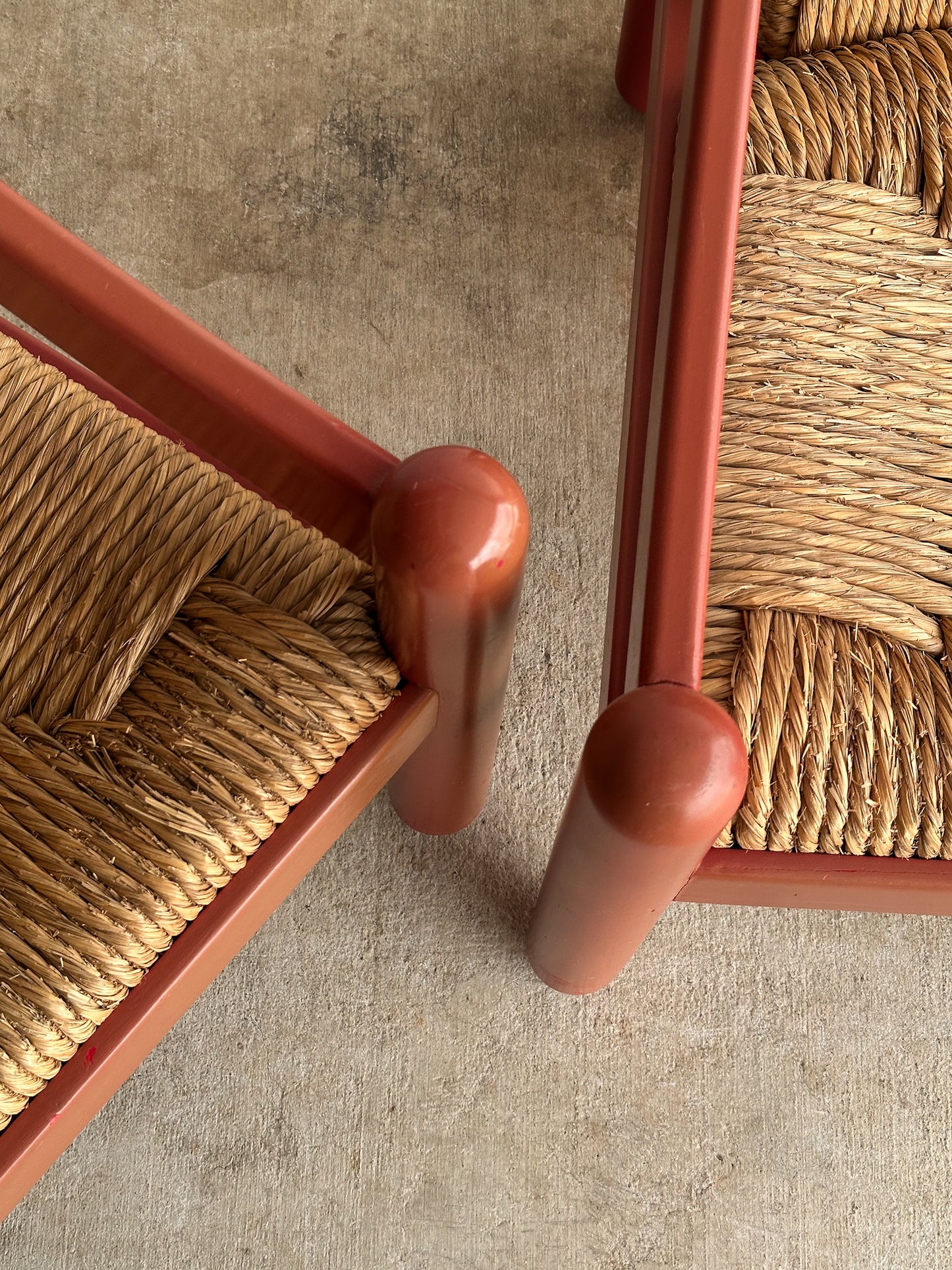 Pair of Vintage Red Lacquered Rush Lounge Chairs, Attributed to Vico Magistretti