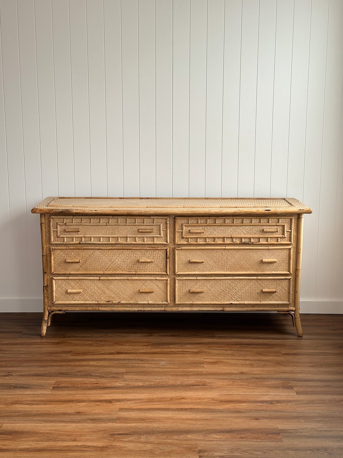 Vintage Coastal Woven Rattan Six-Drawer Dresser