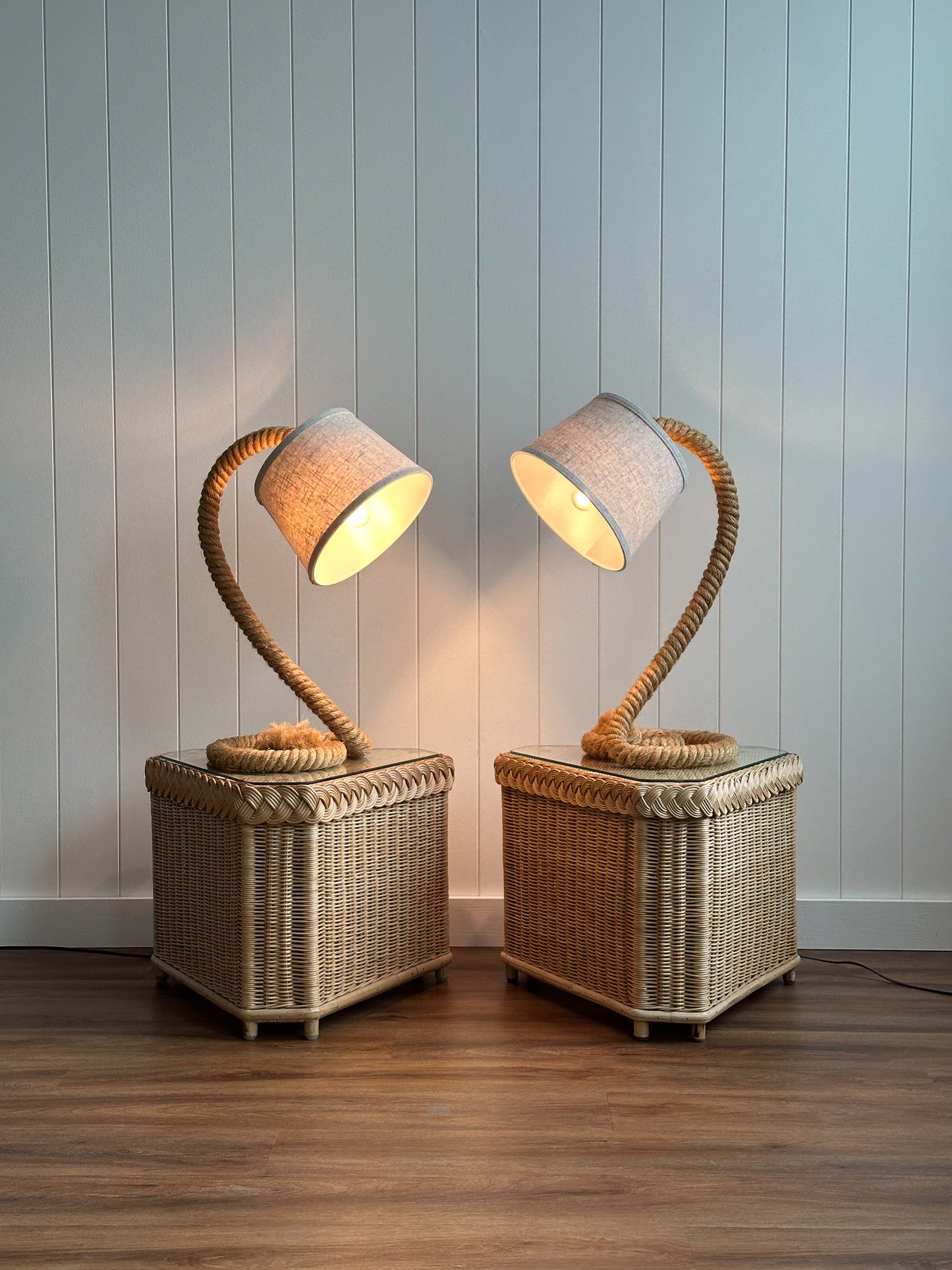 Vintage French Mid-Century Rope Table Lamps, Pair