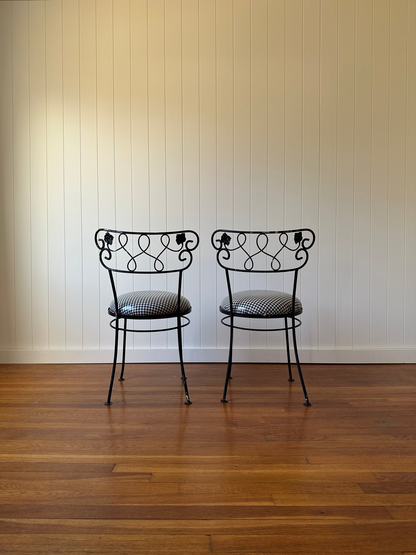 Vintage Wrought Iron Dining Chairs With Gingham Seats, Set of Four