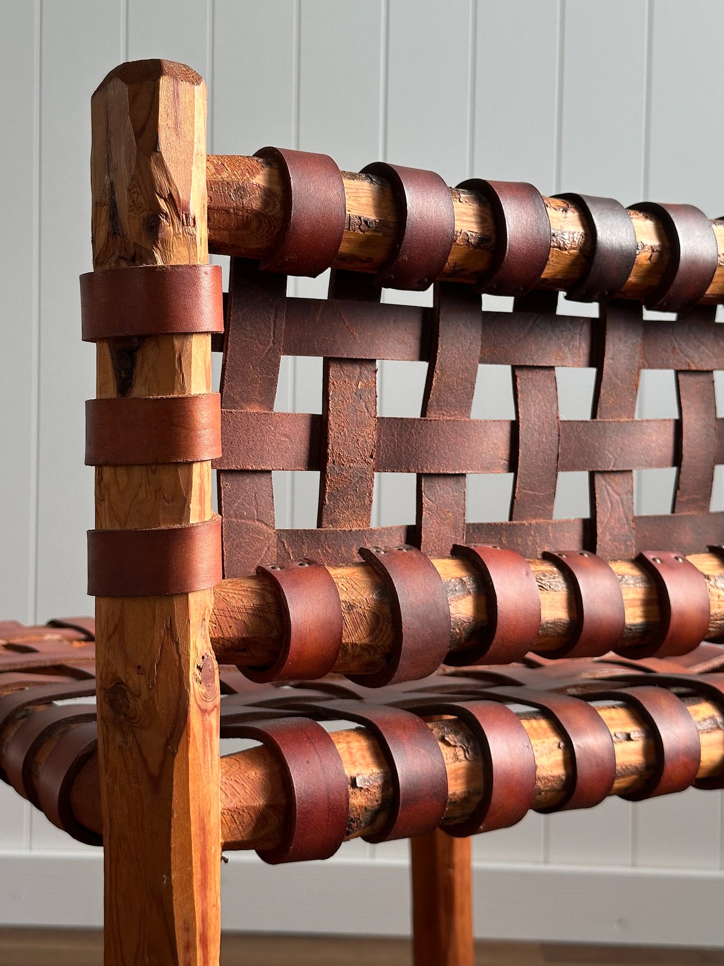 1940s Tuscan Leather Strap & Wood Dining Chairs, Set of Four