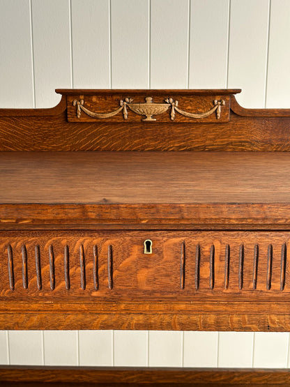Antique Quarter Sawn Oak Console Table with Carved Gallery Back