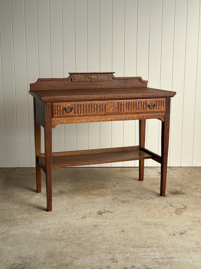 Antique Quarter Sawn Oak Console Table with Carved Gallery Back