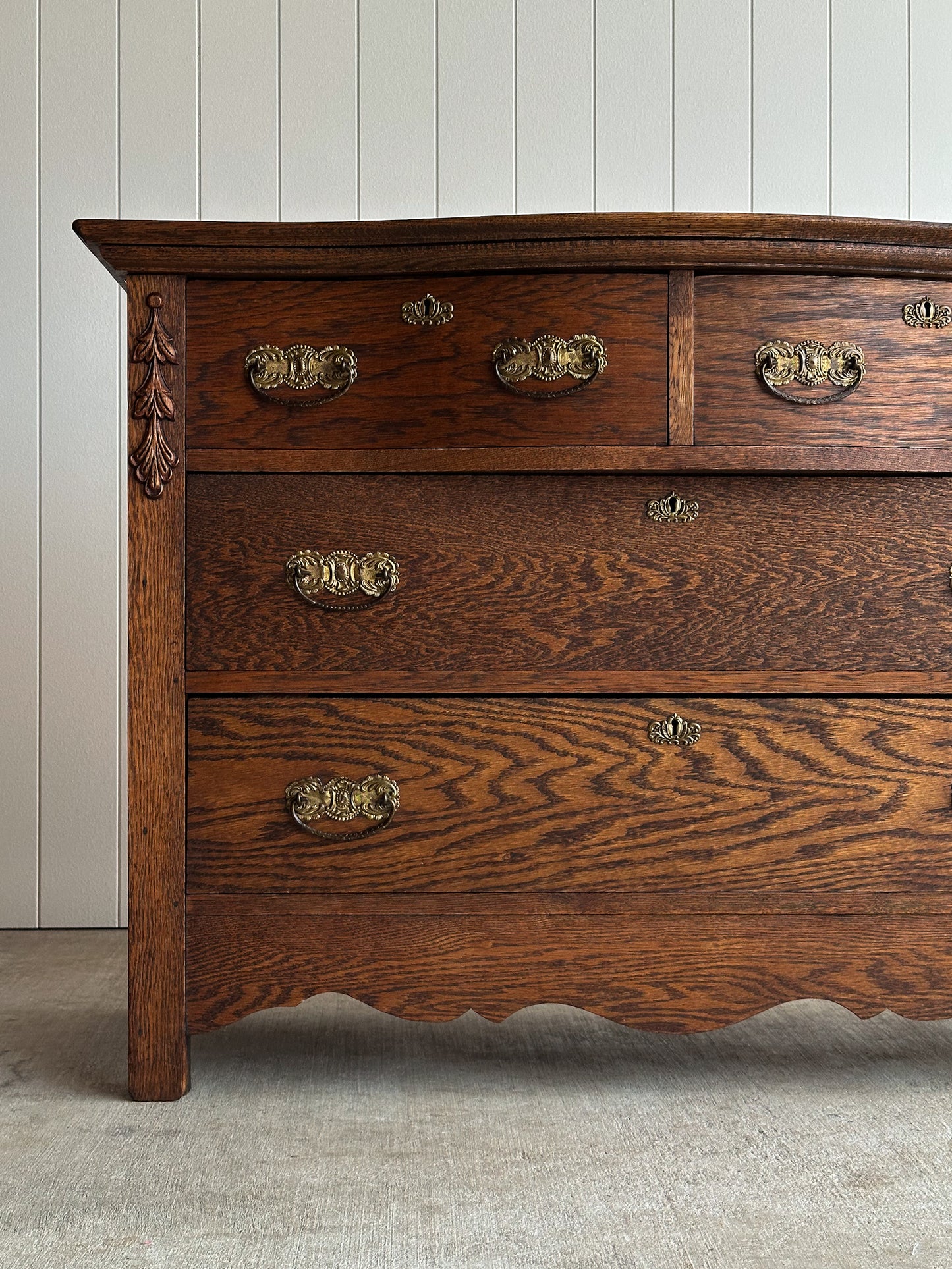 Antique Cathedral-Grain Oak Serpentine Chest of Drawers