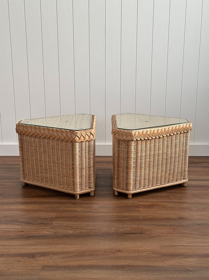 Vintage Brown Jordan Braided Wicker Side Tables, Pair