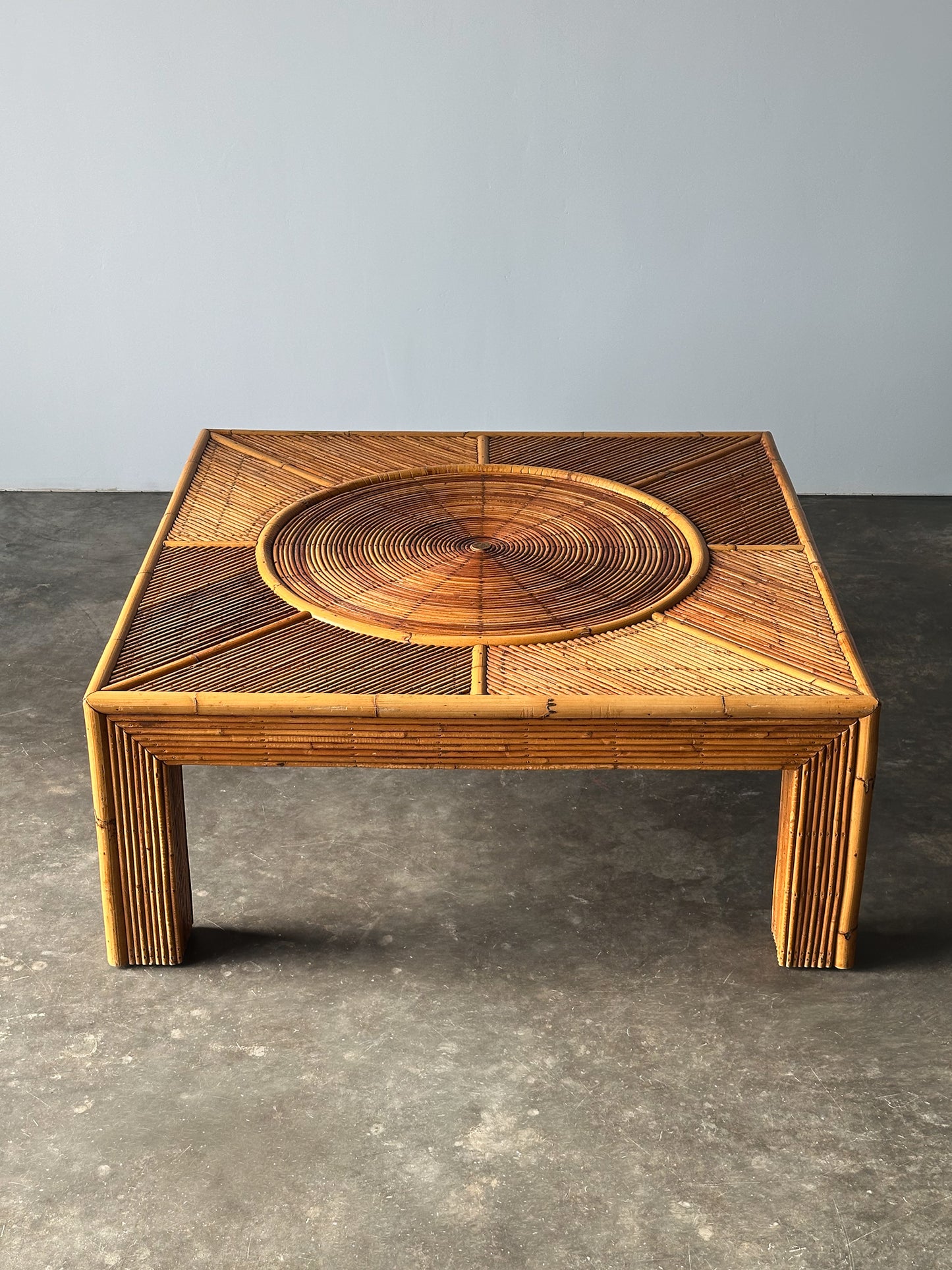Sunburst Rattan Coffee Table, Attributed to Vivai Del Sud, Italy, 1970s