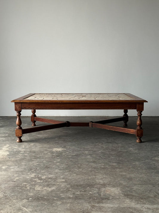 Hand-Laid Stone Mosaic Coffee Table on Vintage Oak Trestle Base