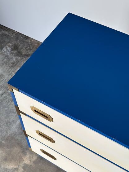 Blue & White Lacquered Campaign Chest of Drawers with Brass Hardware, 1970s