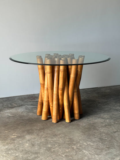 Bundled Bamboo Round Glass Dining Table, Budji Layug, 1970s