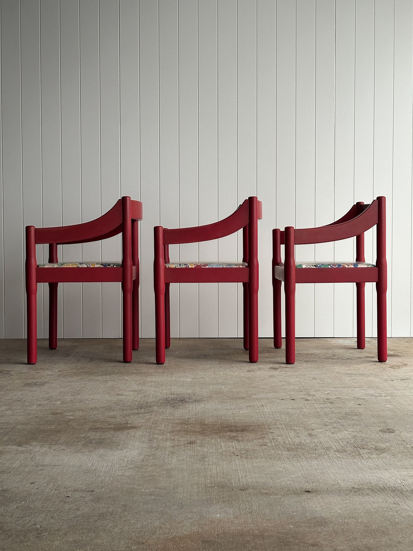 Set of Six Vintage Red Lacquered Dining Armchairs, Attributed to Vico Magistretti