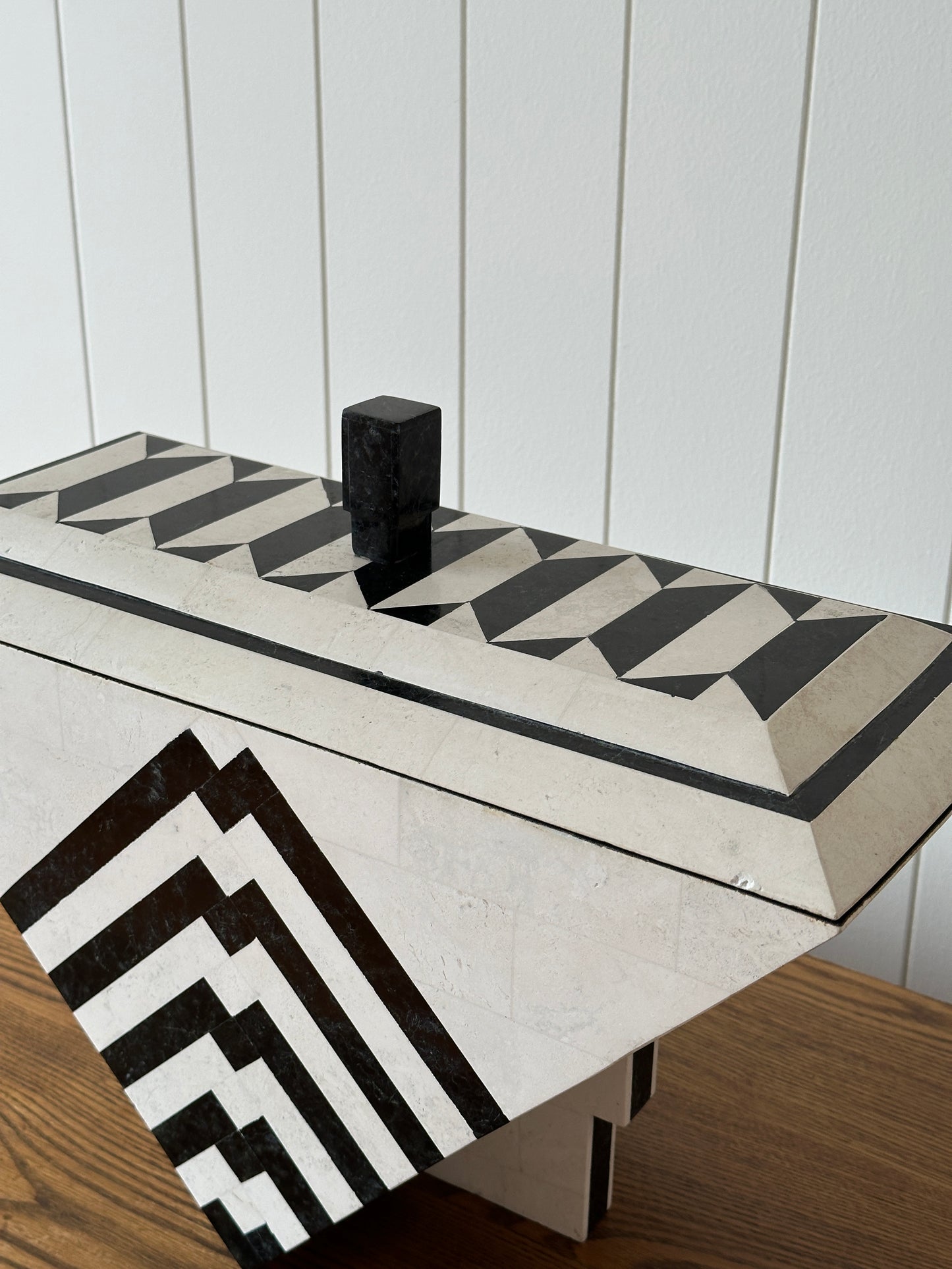 Vintage Maitland-Smith Tessellated Mactan Stone Box With Marble and Brass Inlay