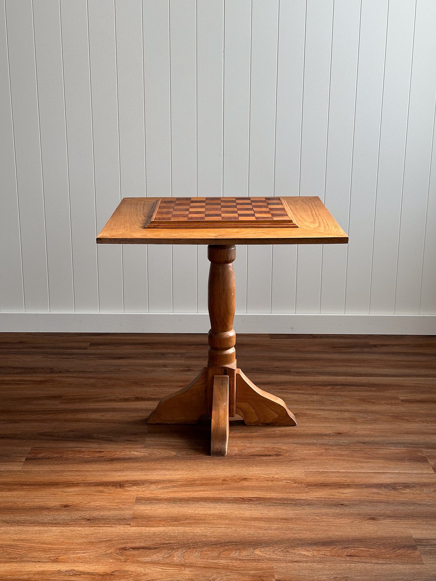 Vintage Handcrafted Oak Pedestal Game Table with Inlaid Chessboard