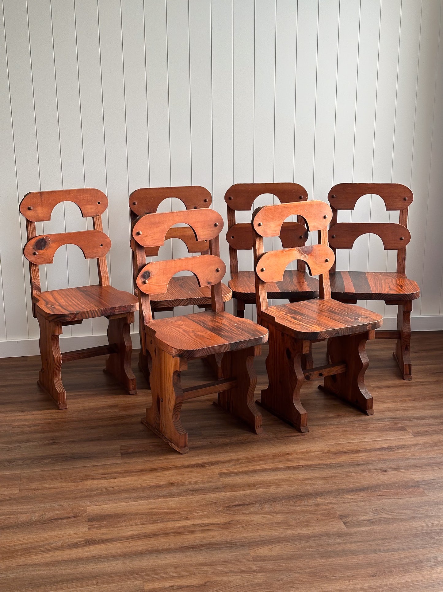 1970s Brutalist Pine Dining Chairs, Set of 6